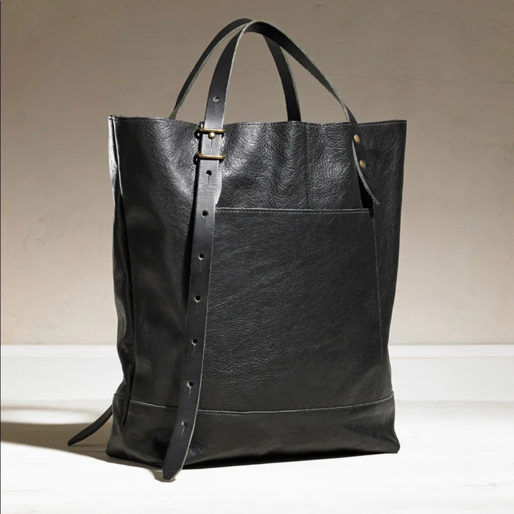TM1985 Black Leather Shoulder Tote Bag - Minimalist Everyday Carry